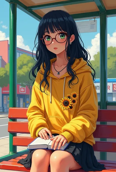 anime stylized, painterly, acrylic paint based, impressionism, high definition, colorful, lens flare.

background is a simple bus stop that she is sitting down on the bench.

1woman is a woman who is 52" with tan skin, very long wave black hair, and green ...