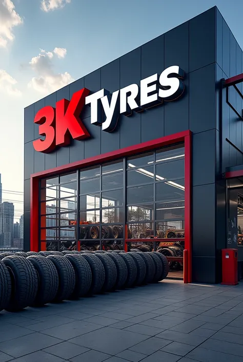 A grand opening poster of a big tyre shop named 3k tyres 
A big tyre shop picture 
A grand opening message 
