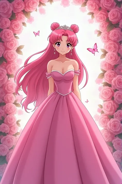 Make me a high-resolution image of Serena Tsukino, a young adult from the anime Sailor Moon with long pink hair and Chonguitos wearing an elegant pink quinceañera dress with a sweetheart neckline and bare shoulders, with a tiara over her head and behind a ...