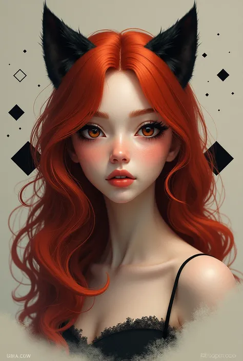  Create a white girl with long eyelashes with thick lips panther eyes squares red hair normal ears, Ollos en los cheeks  