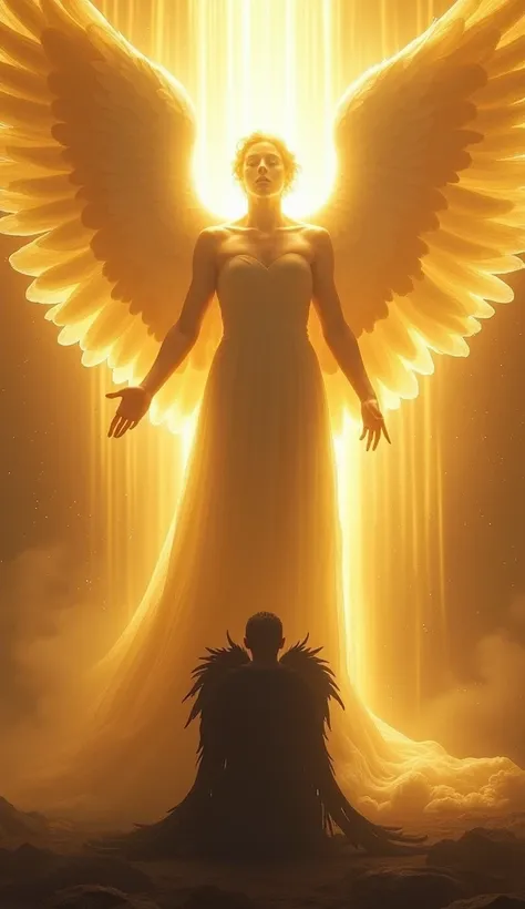 A majestic angel of light towers with an imposing presence, its flawless and radiant face exuding divine beauty and strength. Its immense, golden wings emanate a powerful, glowing light, illuminating the scene with an ethereal brilliance. Kneeling before i...