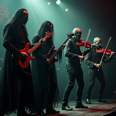  One scaleton vocalists with bass and  one scaleton with guitar ,  zombie guitarist  ,  wearwolf drummer and ghost boy violinist,  are all part of a metal band . horror, metalcore, progressive metal , epic, live