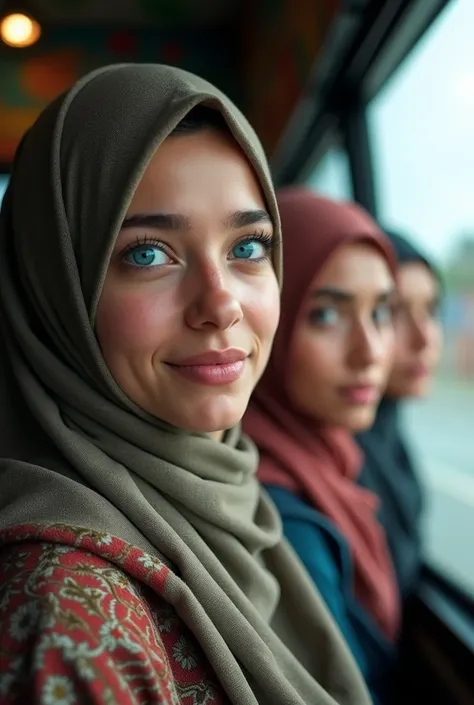 4 hijab girl , blue eyes wearing hijab goes to vacation with bus