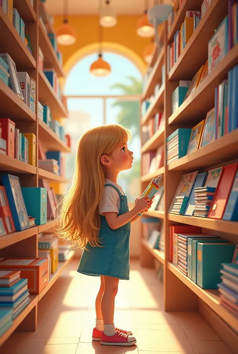 A fair-haired girl among the shelves of a stationery store