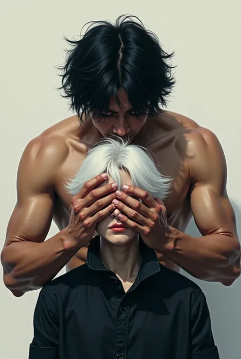 ( Book cover) Muscular Korean man with black hair, his hair covers his eyes so you cant see ,  he is covering the eyes of another Korean who has white hair