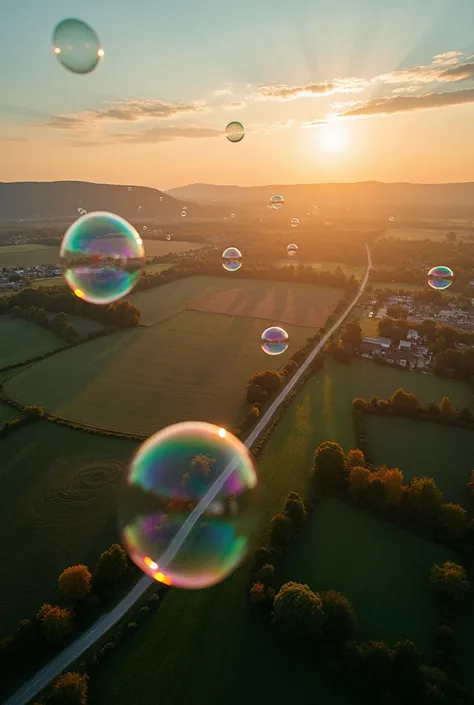  x} Amazing aerial view of carefully maintained and beautiful agricultural fields and farms,  shot from a low height at dusk . The landscape is bathed in soft ,  with the warm shades of the setting sun ,  casting long shadows on fields .  In the air, a sur...