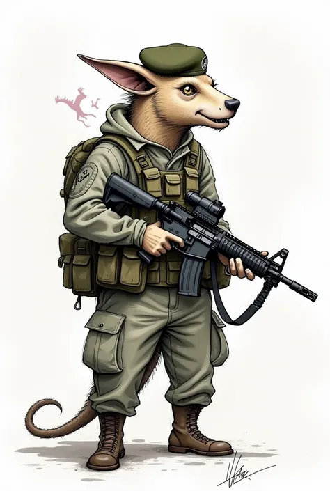  Sketch of a mythological creature satire,with a beret on his head , in soldiers gear , with an m4 rifle in his hands  