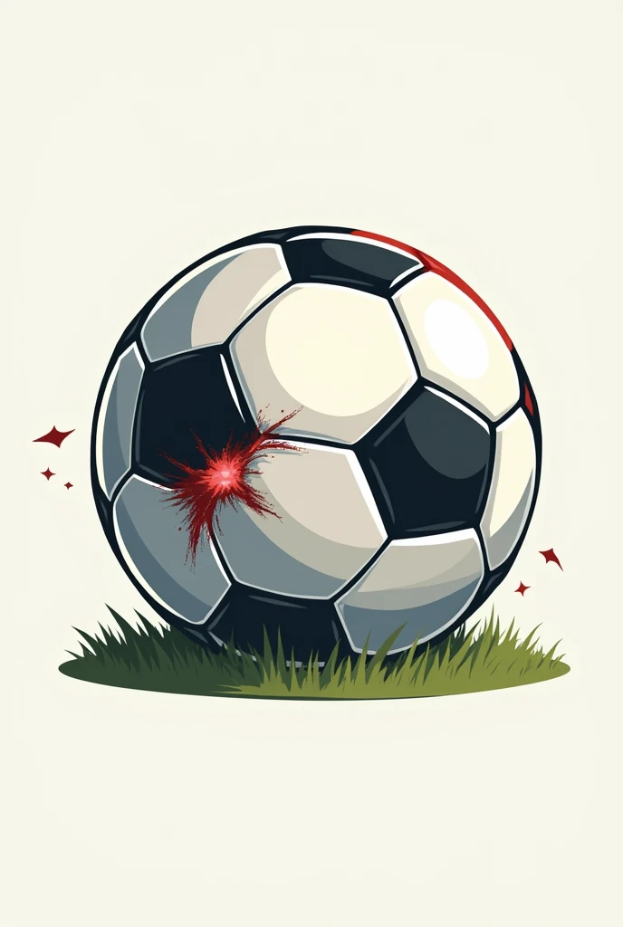 A soccer logo with a punctured and repaired ball. 