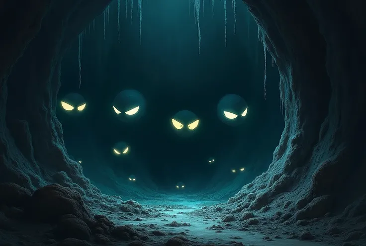 concept art, colourful sketch, eyes glowing in the dark of a cave, gloomy, horror