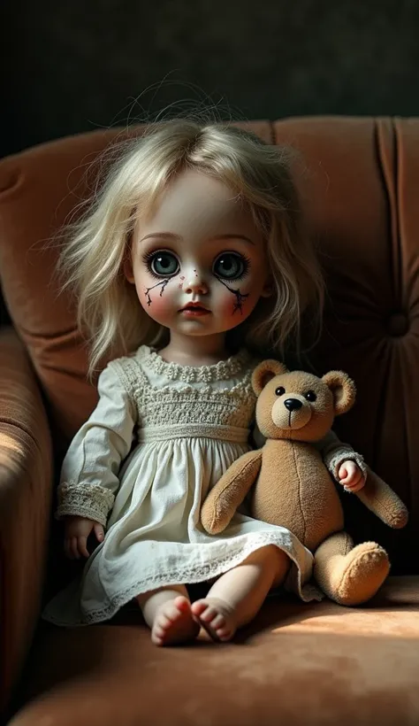  A small toy doll ,  about 30 cm tall ,  x} is sitting on a distressed brown velvet sofa .  Her face is partially broken ,  with cracks that reveal a dark interior . Her glass eyes ,  one of them droopy ,  they seem to be staring straight ahead .  She wear...