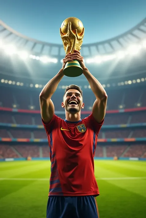 A man with a world cup in a football ground 