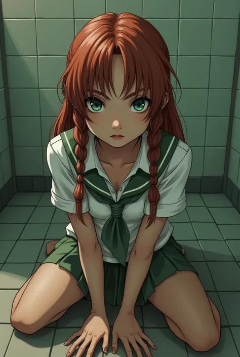  a swarthy girl with green eyes  ,  breast size 3 ,   school uniform-style pattern in a white shirt  ,   with chestnut-red wavy hair  ,   braided sits on the school toilet floor with an empty look.  The drawing should look like “Resident Evil 4" 