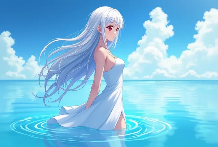 Anime girl sexy body white silver hair very red eyes with white dress in the sea and is reflected in the water the sky looks beautiful and she stands but without shoes in the sea, long hair, big breasts, very beautiful and a bright blue aura surrounds her ...