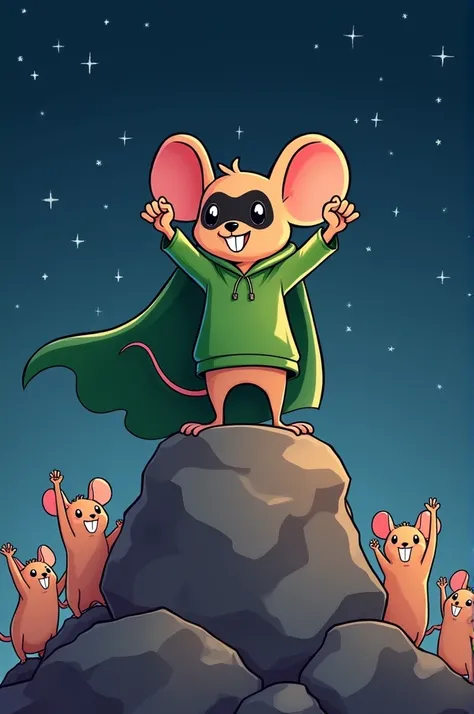 Illustration of a mouse standing on top of a pile of rocks. the mouse is wearing a green hoodie with a black mouse face on it and a green cape that is flowing behind it. the background is a dark blue night sky with stars twinkling in the distance. in front...