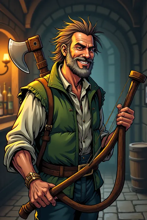 Tom looks around fifty years old. He is small and trim, with a thin, foxy appearance. He has thinning brown hair, a sharp nose, and a wide smile. He wears patched, faded greens. On his back a woodmans axe. Tom is a singer and plays a harp made of wood, whi...