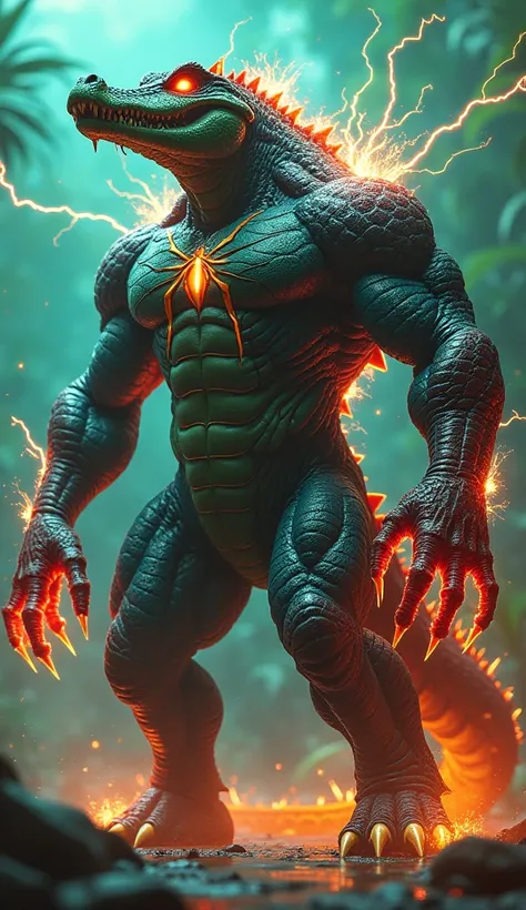 Create 32k ultra-detailed image of a massive, muscular Spiderman-Crocodile hybrid, towering over its surroundings with a body that exudes primal strength and unmatched power. The fusion combines Spiderman’s agility and web-slinging prowess with the fierce ...