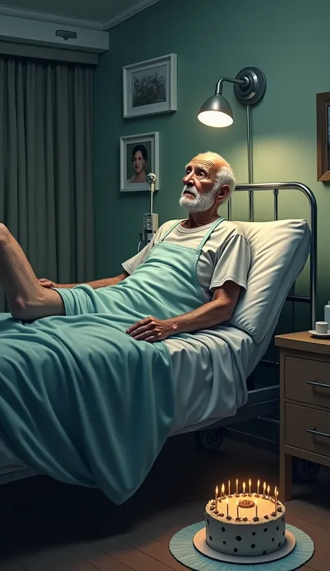 90 year old man in a hospital bed with his broken leg crooked upward, with a look of suffering, a birthday cake next to the hospital bed and next to the cake a portrait of his deceased wife