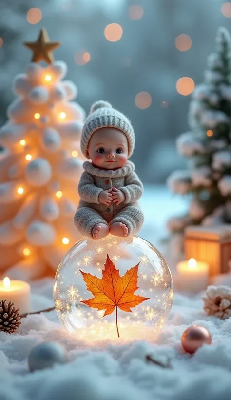  A photograph of a cute  , MINI BOI extra cute baby sitting on a transparent snowflake.  Inside the snowflake is an autumn leaf . In the background, there are Christmas lamps ,  a Christmas tree branch , A large Christmas ball , candles,  and crisp dry pas...