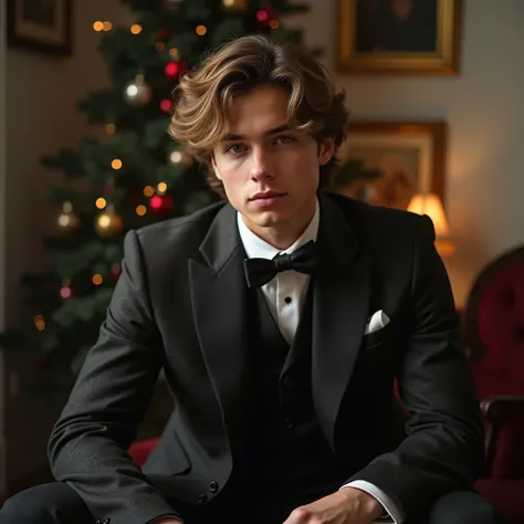 Cole Sprouse 18 years old sits like a gentleman front facing christmas vibes
