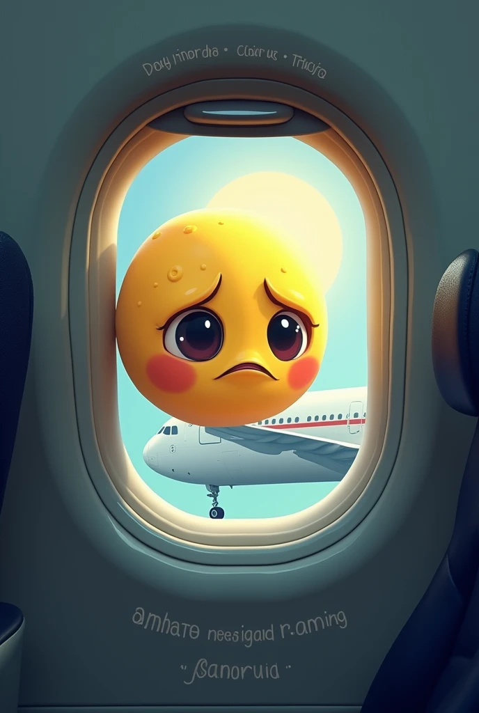 Picture of the sad emoji-style moon inside a plane With the text “Have a good trip Luna Alejandra