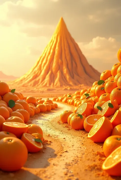 Road made of orange fruit cut in a plain with a mountain of carved orange fruit and a road on the left side delimited with arange skins 