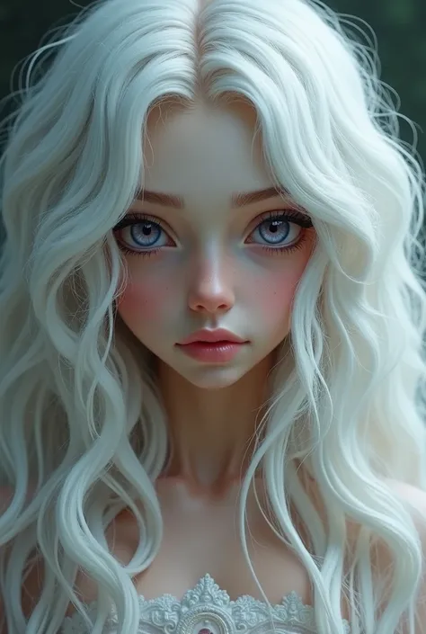  I want to create a character for The Walking Dead .  Her appearance should be as follows :  huge hair and completely white in a snow tone , bright and crystalline violet eyes , her lashes and eyebrows must also be white , her skin must be tanned with a sl...