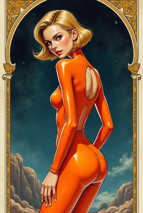 An art nouveau style watercolor image of a slender short-haired woman with fair skin in a tight and sexy shiny retro-futuristic plastic space outfit in bright colors. Bending over. Looking back at the viewer. Druillet style. Enki Bilal. Mesmerizing look. O...