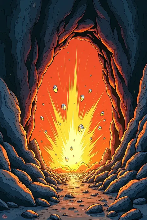 Hand draw American comic style an explosion coming out of a cave and stones of shiny symbols floating and coming out of the cave