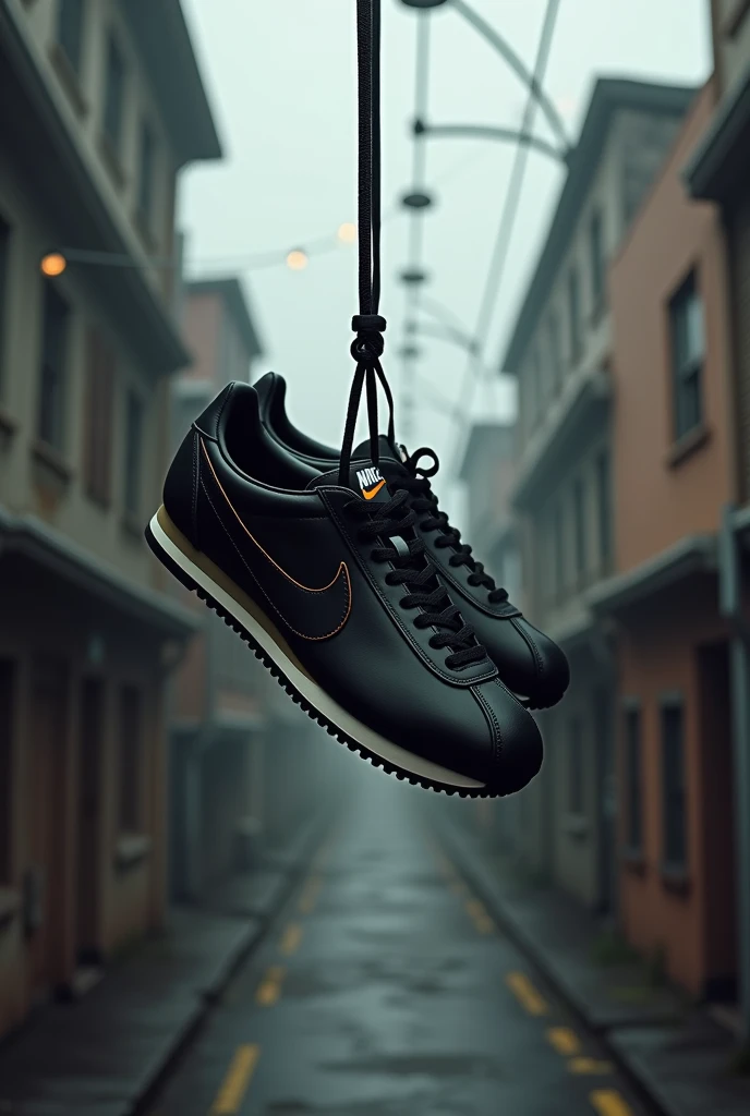 Nike Cortez hanging on light cables, color negro, neighborhood