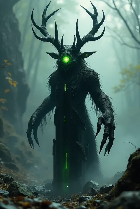 a creature,  moves, the upper part of the body is a black crystalline obsidian pillar and the lower part of a worm , This being has 6 limbs on which ,  also has deer horns on the top of its pillar where there is a single terrifying glowing eye