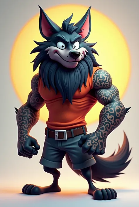 3d cartoon of wolf with black beard and mustache ,  tattoos on one arm and looking like the best