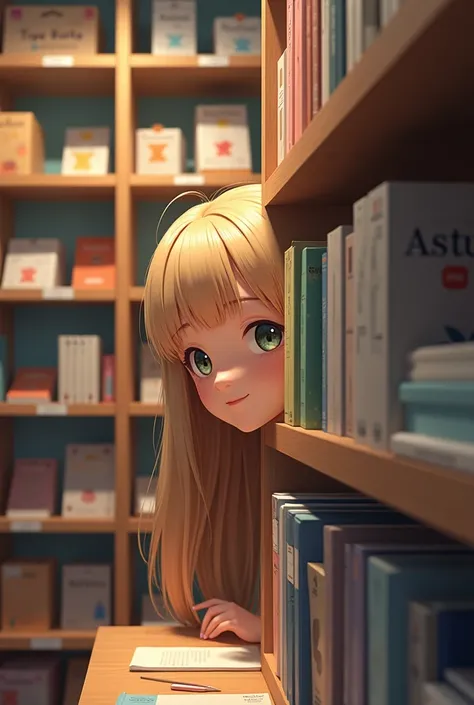 A fair-haired teenage girl  face among the shelves of a stationery store