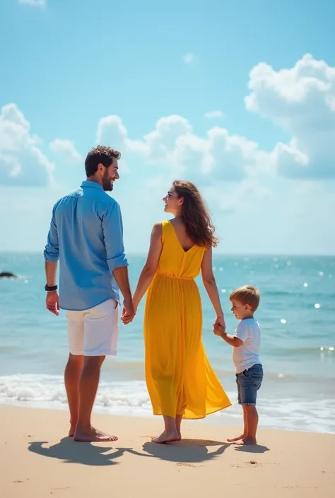 a family photo on the beach ,It&#39;s a sunny day,  my mom is wearing a yellow dress and smiles at the camera and is holding my little brothers hand, my dad is standing next to my mom and is wearing a blue shirt ,  is looking towards the horizon admiring t...