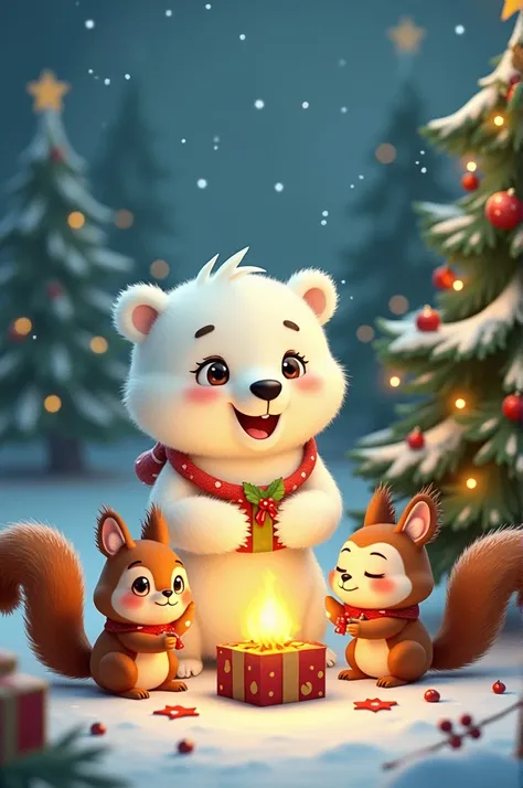  Animated image of a polar bear ,  a squirrel and a cuddly goblin, adorable celebrating Christmas 