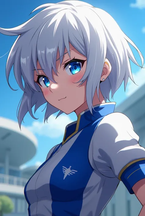 Inazuma Eleven female character with blue eyes and short white hair