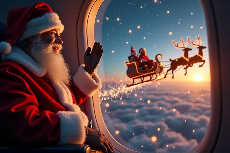 A breathtakingly vivid cinematic photograph of Santa Claus is smiling and waving his hand while riding his sleigh, photograph must be taken from inside of an airplane window the window and part of the airplane seat must be visible and Santa is outside of t...