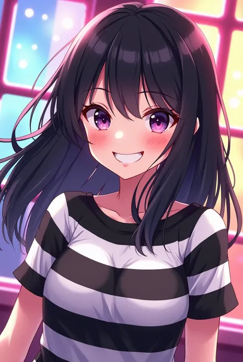 Create a half-feminine character with cute black hair with a naughty smile and a black and white horizontal striped blouse, in the Japanese animation style 