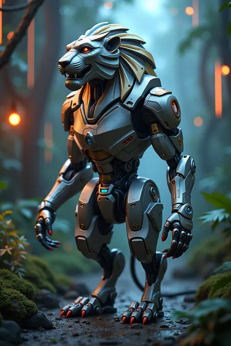 “A fully robotic humanoid lion with advanced mechanical features, combining the majesty of a lion and the precision of cutting-edge robotics. The head is shaped like a lion’s, featuring sharp angular details, glowing red and blue eyes, and a mane crafted f...