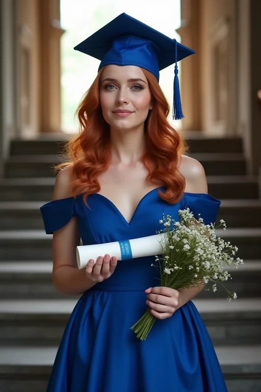 Ginger 23 yo in blue evening dress standing on inside stairs of great university with diploma of backelor, beautiful makeup and hair prepared for celebrate important day of her life that she waited so long. She also keeps flowers and have a backelors cap o...