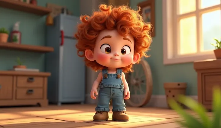   boy ,  one-year-old appearance , pinkish white skin,  straight eyes light brown color ,  light hair mixed with disheveled redheads with curls,  denim jumpsuit ,  brown caipira boot ,  cute arms , buchechudo,  tall Pixar style , high quality image, Animat...