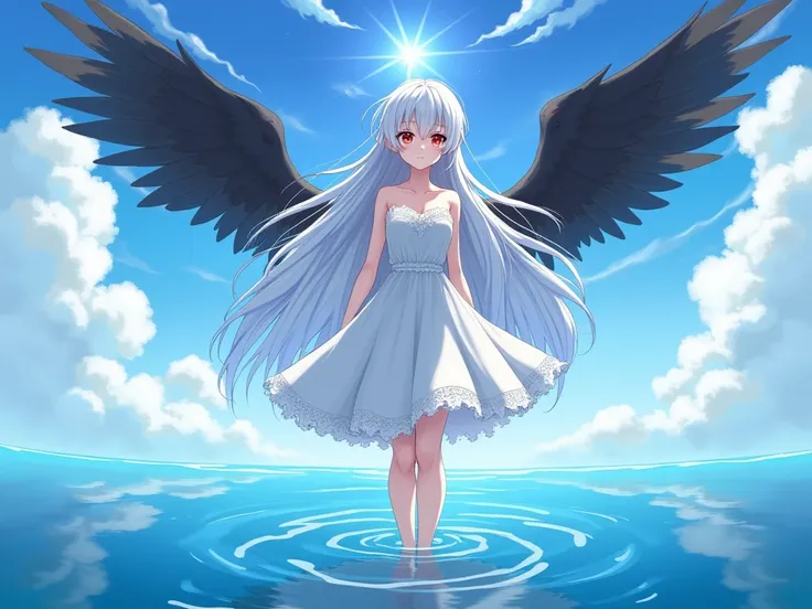 Anime girl sexy body white silver hair very red eyes with white dress in the sea and is reflected in the water the sky looks beautiful and she stands but without shoes in the sea a long hair big breasts very beautiful and a bright blue aura surrounds her a...