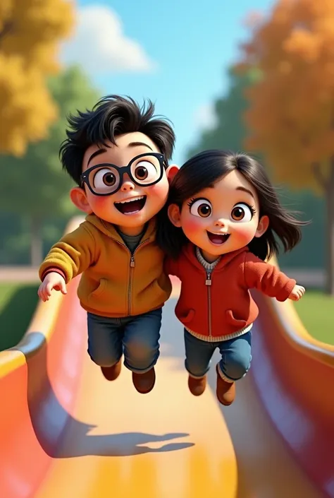 Disney Pixar cover of a slightly chubby  with square glasses and very short black hair, lots of cheeks and big teeth paddles in a fat jacket, together with a 25-year-old teacher with smooth and long dark brown hair and thin brown eyes, both of them jumping...