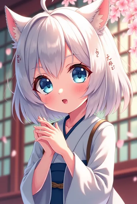 2D Japanese anime girl character with blue eyes and short white hair