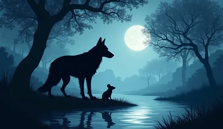 One night in the winged forest of a river, there was a black silhouette of a German Shepherd dog and a silhouette of a mouse without any people and without animals.. 