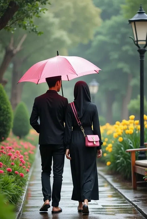 photography, couple,  Handsome men and beautiful young women of Indonesian Korean race ,  their faces facing the camera , smiling sweetly, Men wearing black shirts  , neat black pants ,  Beautiful Muslim women in stylish hijabs carry mini sling bags ,  wea...