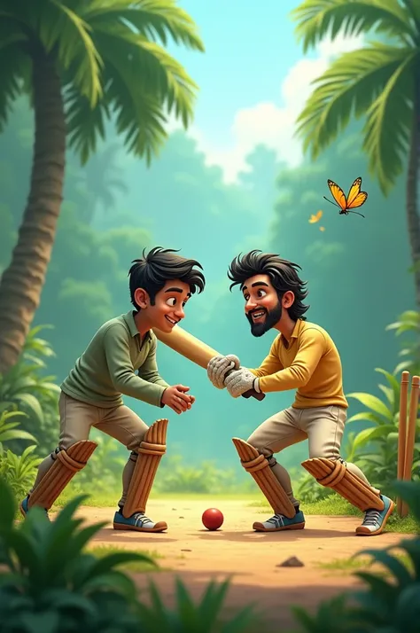  Creat a 8k animated cartoonic pics of Two Pakistani s playing cricket in the jungle 