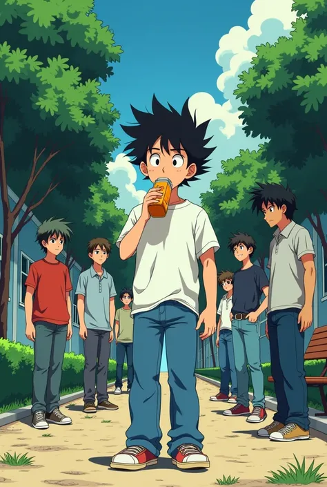 ANIME STYLE FROM THE 80s. A 15-year-old teenage boy with messy black hair, wearing a white t-shirt and jeans is in the school yard drinking a juice box, some bullies make fun of him.
