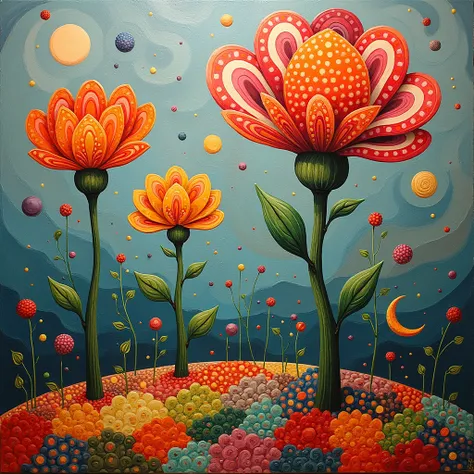 An intricate and vibrant artwork. Dominating the scene are three large, whimsical flowers with patterns resembling abstract and organic
designs. These flowers are set against a backdrop of swirling patterns in shades of blue, gray, and beige. Below the flo...