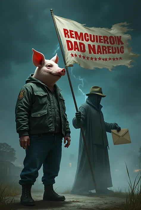  Pig disguised as a gang member next to a specter of the night with an envelope and hat ,  in the middle of the storm at night waving a flag with red letters and 8 stars in the shape of an arc and says "ReEncuenrock and Maldita Madre Noche Latin America  "...