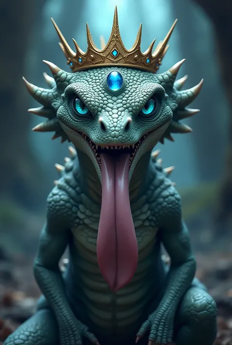  A reptilian ,anime, a crown with a blue jewel,third eye on the forehead,spiny , with a large tongue 